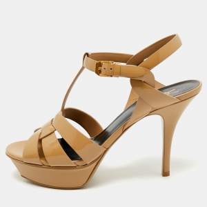 Saint Laurent  Beige Patent Leather Tribute Platform Ankle Strap Sandals Size 38