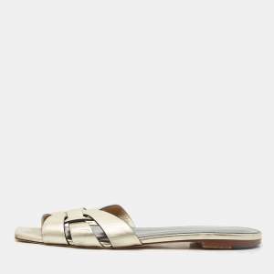 Pre Owned Saint Laurent  Gold Leather Tribute Flat Sandals Size 40