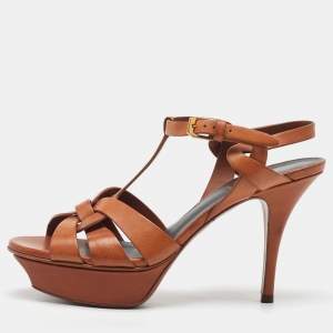 Pre Owned Saint Laurent Brown Leather Tribute Platform Sandals Size 37.5