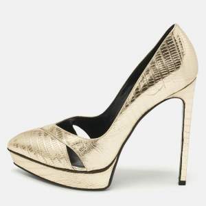 Saint Laurent Gold Lizard Embossed Leather Platform Pumps Size 38.5