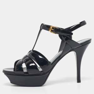 Saint Laurent Black Patent Leather Tribute Platform Sandals Size 36