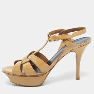مملوكة مسبقًا Saint Laurent Beige Patent Leather Tribute Platform Sandals Size 38.5