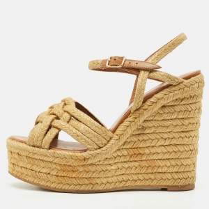 Saint Laurent Beige Braided Jute Platform Wedge Ankle Strap Sandals Size 36