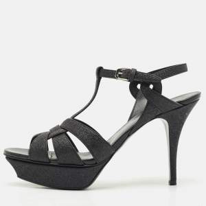 Saint Laurent Black Glitter and Suede Tribute Platform Sandals Size 41