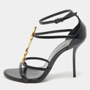 Pre Owned Saint Laurent Black Patent Leather Cassandra Ankle Strap Sandals Size 38.5