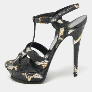 Pre Owned Saint Laurent Black/Gold Snakeskin Tribute Platform Sandals Size 37.5