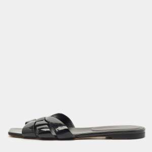Pre Owned Saint Laurent Black Patent Leather Tribute Flat Sandals Size 38.5