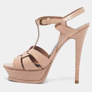 Pre Owned Saint Laurent Pink Lizard Embossed Leather Tribute Platform Sandals Size 38