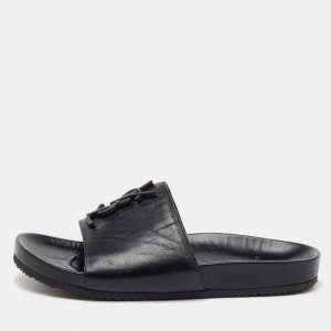 Saint Laurent Black Leather Joan Flat Slide Sandals Size 37