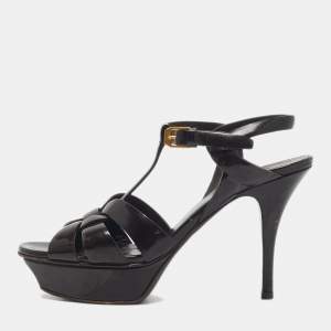Pre Owned Saint Laurent  Burgundy Patent Leather Tribute Platform Sandals Size 37