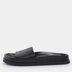 Pre Owned Saint Laurent Black Leather JImmy Logo Pool Slide Sandals Size 35