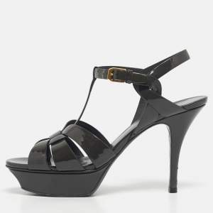 Pre Owned Saint Laurent Grey Patent Leather Tribute Platform Sandals Size 38