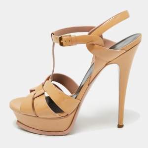 Pre Owned Saint Laurent Beige Patent Leather Tribute Platform Sandals Size 40