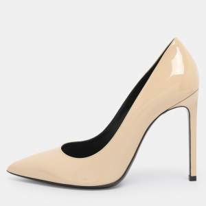 Pre Owned Saint Laurent Beige Patent Leather Anja Pointed Toe Pumps Size 38