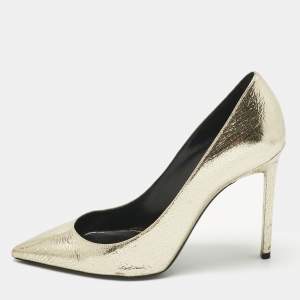 Pre Owned Saint Laurent Gold Texture Leather Anja Pointed Toe Pumps Size 39