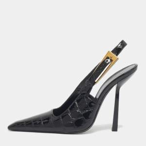 Pre Owned Saint Laurent Black Crocodile Embossed Graham Slingback Pumps Size 36
