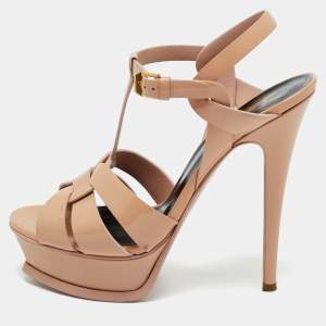 Pre Owned Saint Laurent Beige Patent Leather Tribute Platform Ankle Strap Sandals Size 37