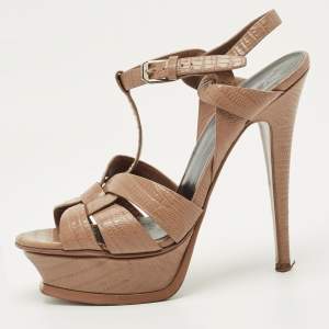 Pre Owned Saint Laurent Brown Lizard Embossed Leather Tribute Platform Sandals Size 37