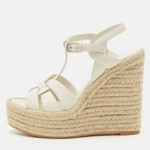 Pre Owned Saint Laurent White Leather Tribute Wedge Espadrille Sandals Size 38