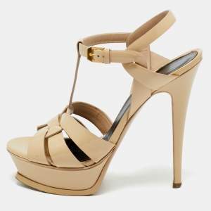 Pre Owned Saint Laurent Beige Patent Leather Tribute Platform Sandals Size 38