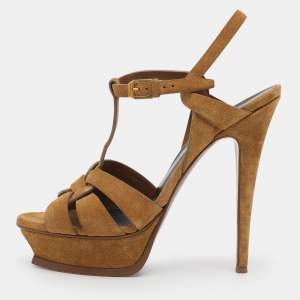 Pre Owned Saint Laurent Mustard Suede Tribute Platform Sandals Size 40