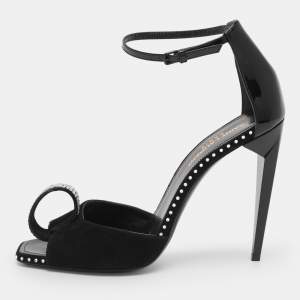 Pre Owned Saint Laurent Black Suede And Patent Leather Crystal Embellished Sandals Size 40