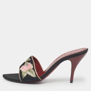 Pre Owned Saint Laurent Black Leather and Satin Flower Embroidered Slide Sandals Size 37.5