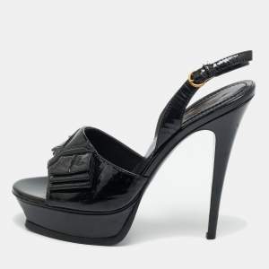 Pre Owned Saint Laurent Black Patent Y Bow Platform Slingback Sandals Size 40