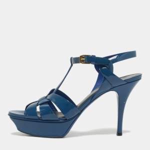 Pre Owned Saint Laurent Paris Blue Patent Leather Tribute Platform Ankle Strap Sandals Size 38