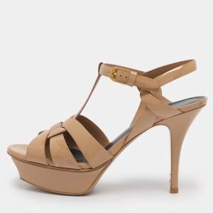 Pre Owned Saint Laurent Beige Patent leather Tribute Sandals Size 36.5