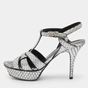 Pre Owned Saint Laurent Paris Silver Faux Snakeskin Leather Tribute Platform Sandals Size 37.5