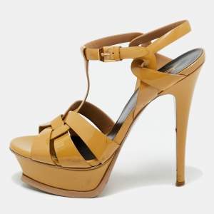 Pre Owned Saint Laurent Beige Patent Leather Tribute Platform Sandals Size 36.5