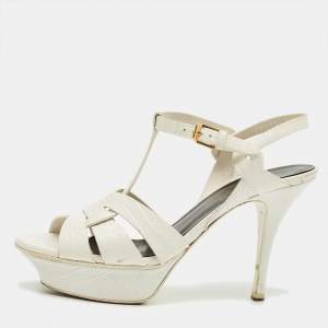 Pre Owned Saint Laurent White Lizard Embossed Leather Tribute Platform Sandals Size 37.5