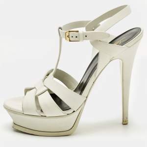 Pre Owned Saint Laurent Paris White Leather Platform Sandals Size 38
