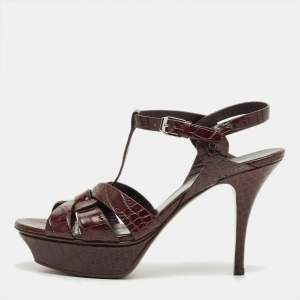Pre Owned Saint Laurent Burgundy Croc Embossed Leather Tribute Ankle Strap Sandals Size 38