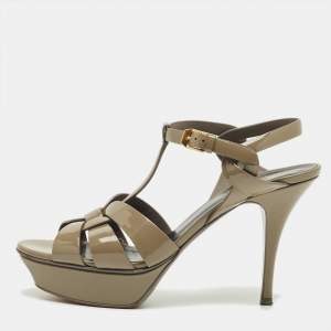 Pre Owned Saint Laurent Grey Patent Leather Tribute Platform Sandals Size 39
