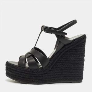 Pre Owned Saint Laurent Black Leather Tribute Espadrille Wedge Sandals Size 39