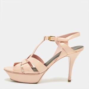 Pre Owned Saint Laurent Beige Patent Leather Tribute Platform Sandals Size 39.5