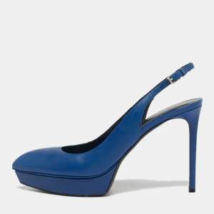 Pre Owned Saint Laurent Blue Leather Platform Slingback Pumps Size 40