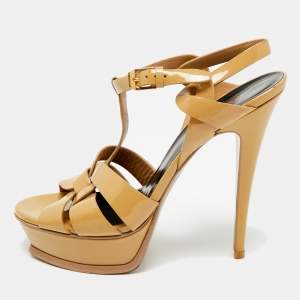 Pre Owned Saint Laurent Beige Patent Leather Tribute Ankle Strap Sandals Size 39