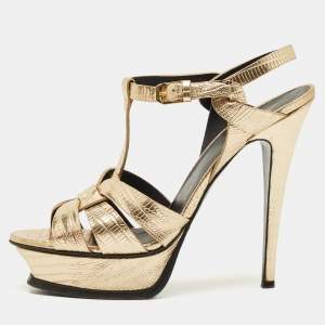 Pre Owned Saint Laurent Metallic Gold Lizard Embossed Leather Tribute Platform Sandals Size 39.5