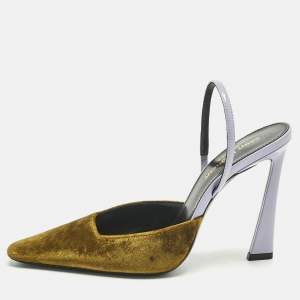 Pre Owned Saint Laurent Gold/Purple Velvet and Patent Leather Blade Slingback Pumps Size 37.5