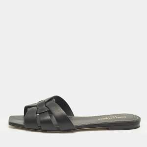 Pre Owned Saint Laurent Black Leather Tribute Flat Sandals Size 37.5