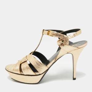 مملوكة مسبقًا Saint Laurent Tribute Size 41 Metallic Gold Lizard Embossed Leather Platform Sandals