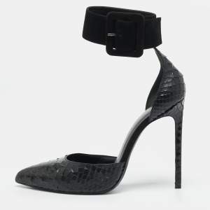 مملوكة مسبقًا ح�ذاء كعب عالي سان لوران إسكاربين جلد بايثون أسود و سويدي بسوار للكاحل مقاس 39.5