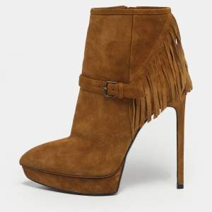 Pre Owned Saint Laurent Size 38 Brown Suede western fringe Platform Ankle Length Boots
