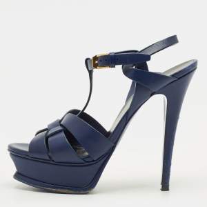 مملوكة مسبقًا Saint Laurent Paris Tribute Size 37.5 Blue Leather Ankle Strap Sandals