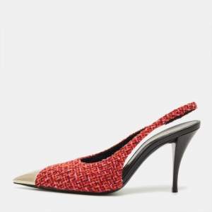 Pre Owned Saint Laurent Size 39 Multicolor Tweed Metal Cap Toe Slingback Pumps
