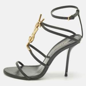Pre Owned Saint Laurent Cassandra Size 37 Black Patent Leather Ankle Strap Sandals