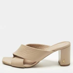 Pre Owned Saint Laurent Paris Loulou Size 38.5 Beige Leather Slide Sandals